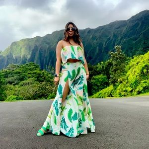 Tropical Print Top & Slit Thigh Pants Set